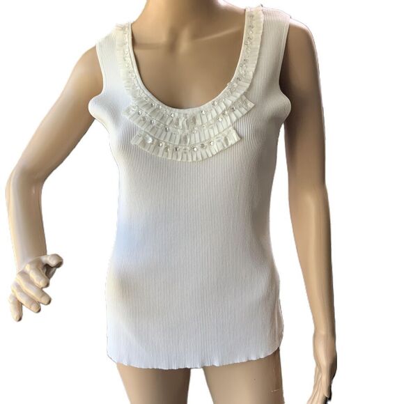 Ruby Rd Womens Sleeveless White Scoop Neck Ruffled Tank Top Size Large - Picture 1 of 11